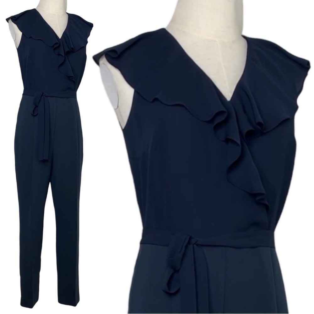 Banana Republic Women Ruffle V-Neck Cropped Jumpsuit Size 0 Navy Blue - Picture 4 of 17